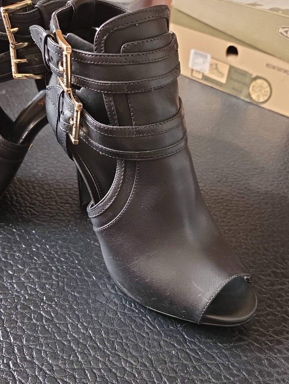 Michael Kors Black Peep-Toe Strappy Buckle Heeled Booties